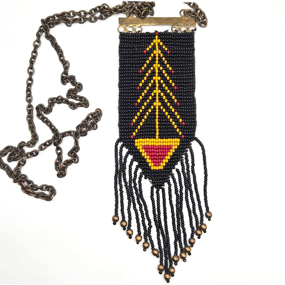 Beaded Tribal Pattern Pendant Necklace Brass Chain Fringe 32 In Handmade‎ READ
